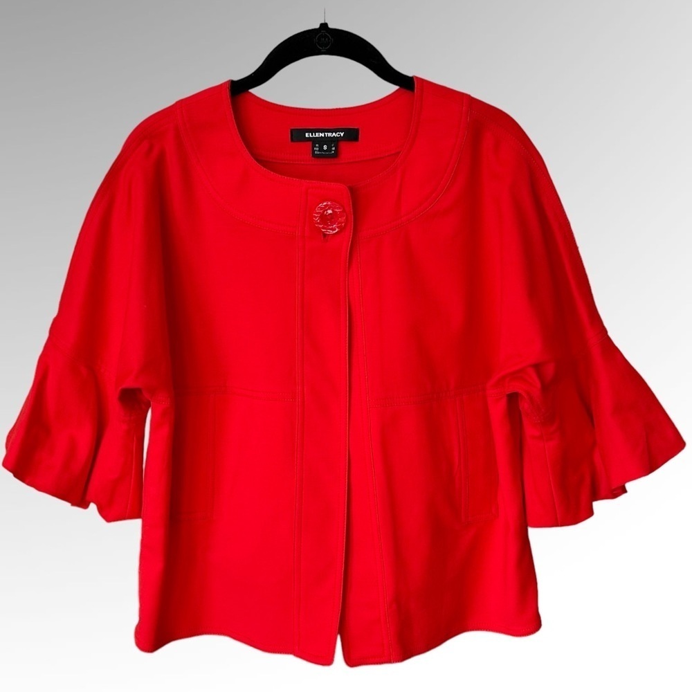 Ellen Tracy Cardigan Sweater Shrug Holiday Scarlet Red Ruffle Sleeve Sz S
